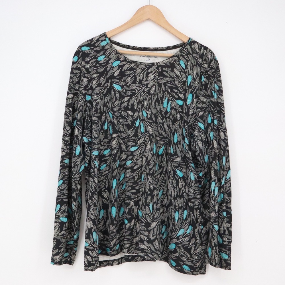 Croft & Barrow Top Womens 2X Long Sleeve Black Teal Botanical Print Excellent